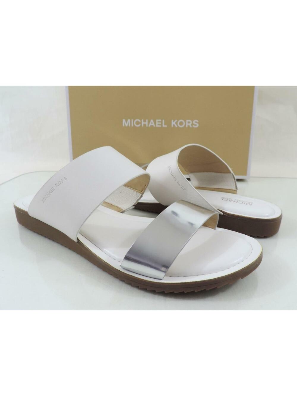 Michael Kors Size 7.5 Millie Slide Flat Sandals Metallic Leather Silver / White